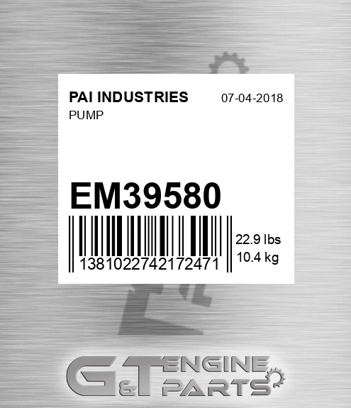 EM39580 Pump for PAI INDUSTRIES