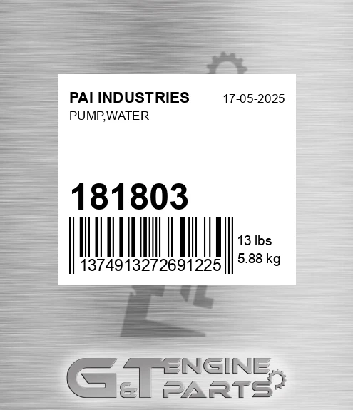 181803 Pump,water for PAI INDUSTRIES