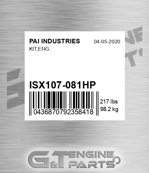 ISX107-081HP Kit,eng. for PAI INDUSTRIES