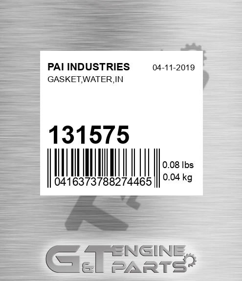 131575 Gasket,water,in for PAI INDUSTRIES