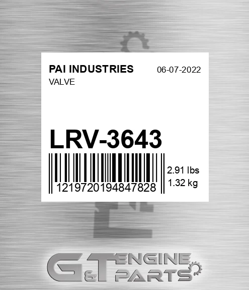 LRV-3643 Valve for PAI INDUSTRIES