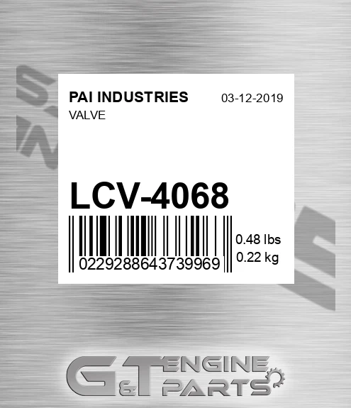 LCV-4068 Valve for PAI INDUSTRIES
