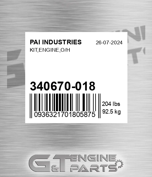 340670-018 Kit,engine,o/h for PAI INDUSTRIES