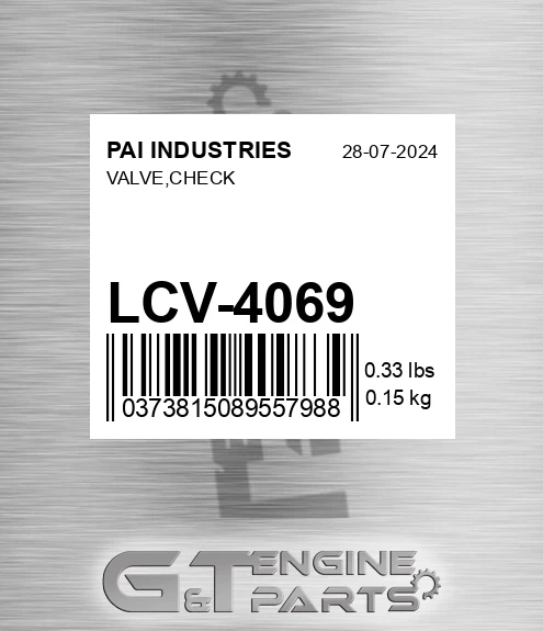 LCV-4069 Valve,check for PAI INDUSTRIES