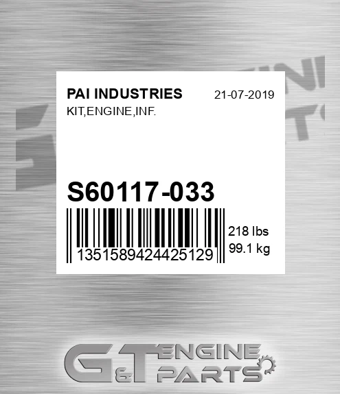 S60117-033 Kit,engine,inf. for PAI INDUSTRIES