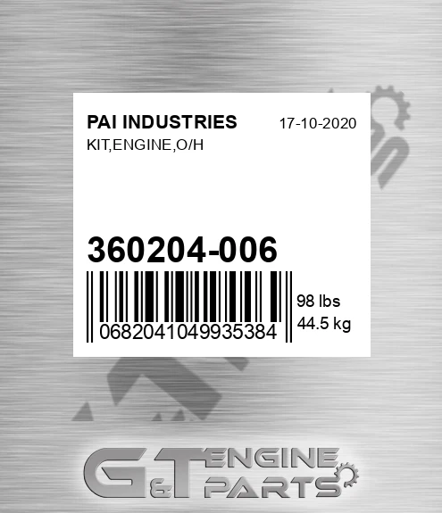 360204-006 Kit,engine,o/h for PAI INDUSTRIES