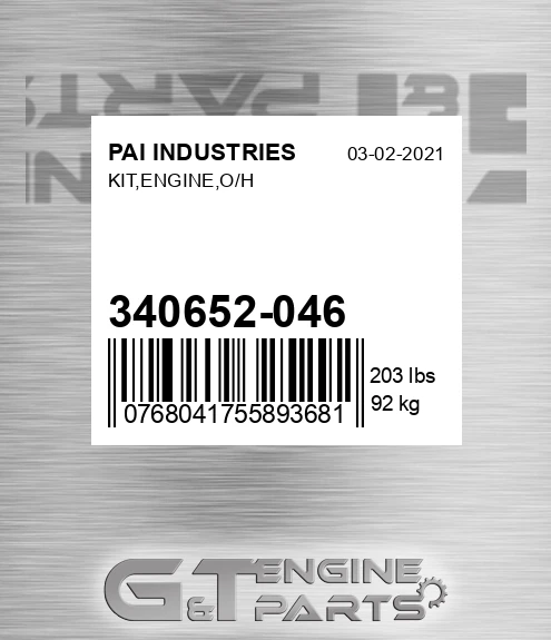 340652-046 Kit,engine,o/h for PAI INDUSTRIES