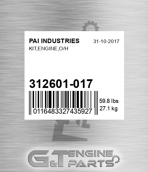 312601-017 Kit,engine,o/h for PAI INDUSTRIES