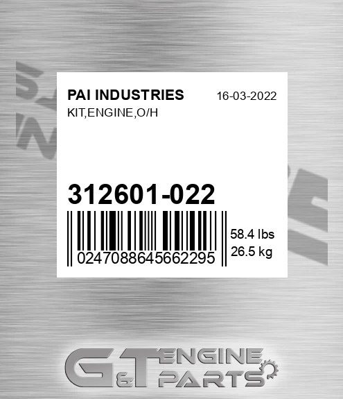 312601-022 Kit,engine,o/h for PAI INDUSTRIES
