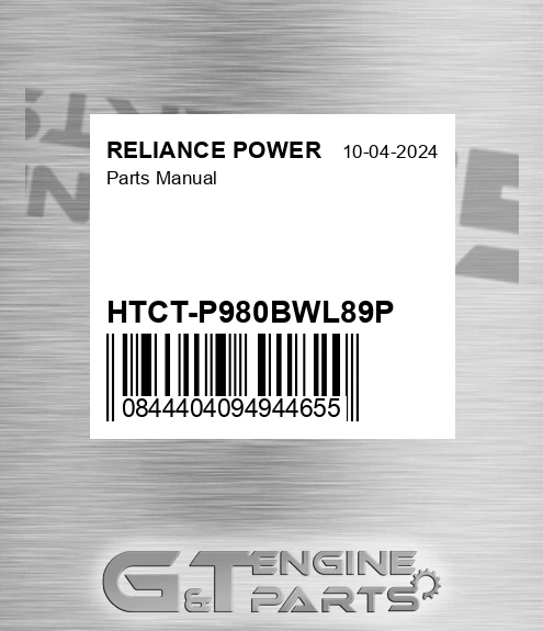 HTCT-P980BWL89P Parts Manual for RELIANCE POWER