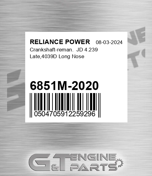 6851M-2020 Crankshaft-reman. Jd 4.239 Late,4039d Long Nose