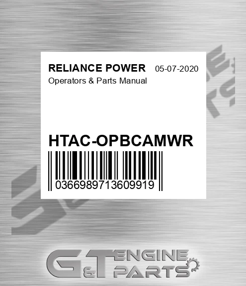 HTAC-OPBCAMWR Operators & Parts Manual for RELIANCE POWER