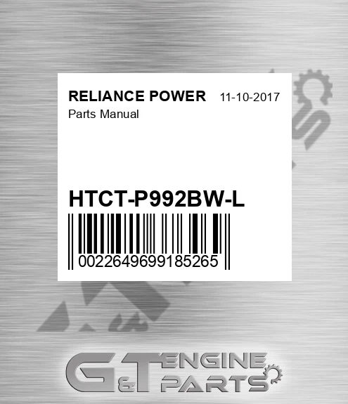 HTCT-P992BW-L Parts Manual for RELIANCE POWER