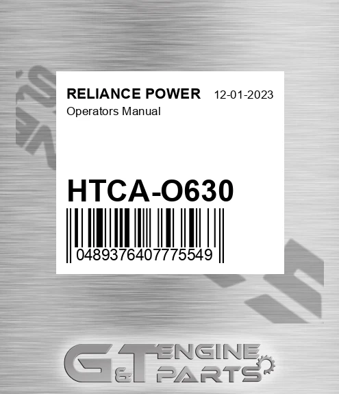 HTCA-O630 Operators Manual for RELIANCE POWER