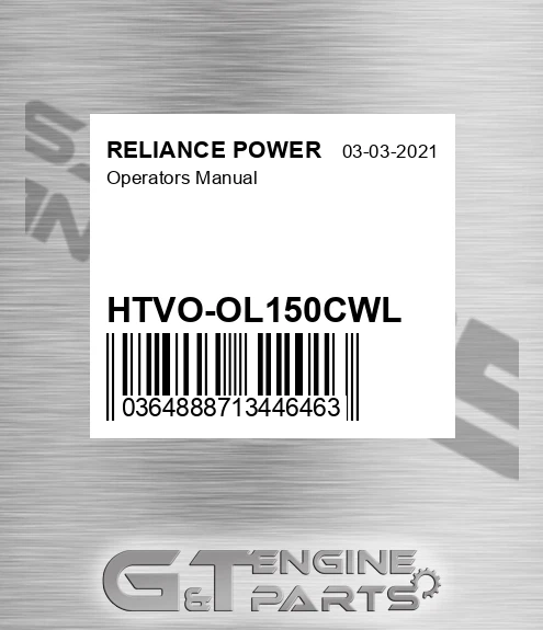 HTVO-OL150CWL Operators Manual for RELIANCE POWER