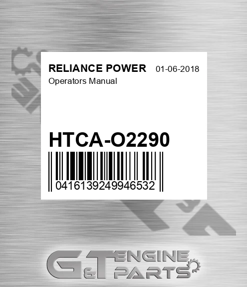 HTCA-O2290 Operators Manual for RELIANCE POWER