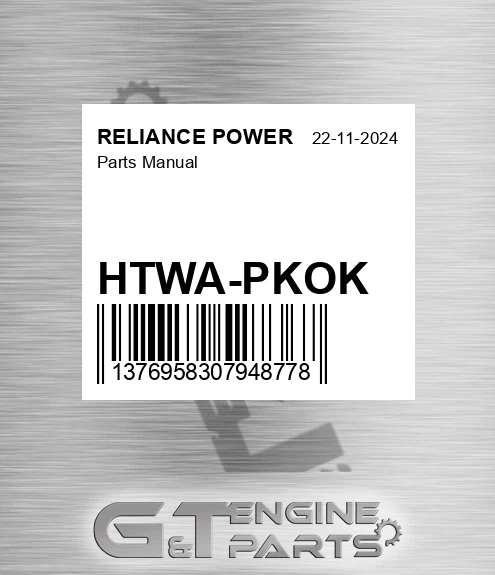 HTWA-PKOK Parts Manual for RELIANCE POWER