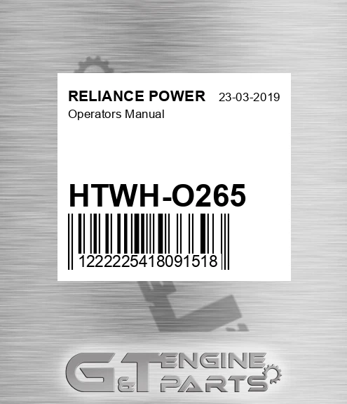 HTWH-O265 Operators Manual for RELIANCE POWER
