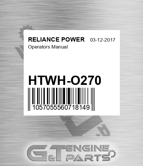 HTWH-O270 Operators Manual for RELIANCE POWER