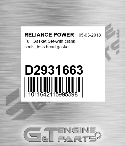 D2931663 Full Gasket Set-with Crank Seals, Less Head Gasket