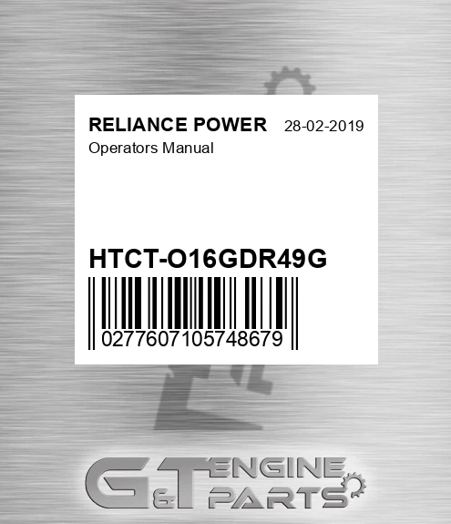 HTCT-O16GDR49G Operators Manual for RELIANCE POWER