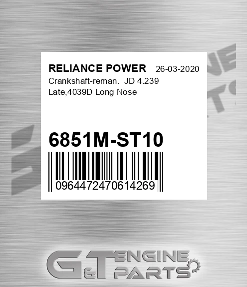 6851M-ST10 Crankshaft-reman. Jd 4.239 Late,4039d Long Nose