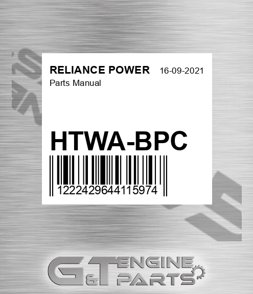 HTWA-BPC Parts Manual for RELIANCE POWER