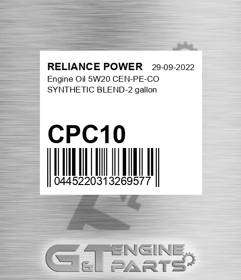 CPC10 Engine Oil 5w20 Cen-pe-co Synthetic Blend-2 Gallon