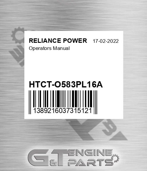 HTCT-O583PL16A Operators Manual for RELIANCE POWER