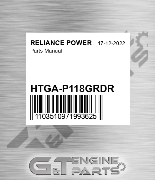 HTGA-P118GRDR Parts Manual for RELIANCE POWER