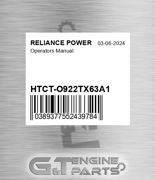 HTCT-O922TX63A1 Operators Manual for RELIANCE POWER