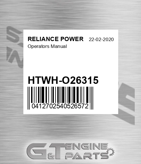 HTWH-O26315 Operators Manual for RELIANCE POWER