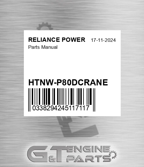 HTNW-P80DCRANE Parts Manual for RELIANCE POWER