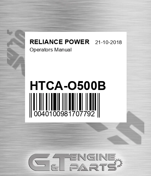 HTCA-O500B Operators Manual for RELIANCE POWER