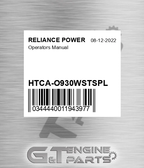 HTCA-O930WSTSPL Operators Manual for RELIANCE POWER