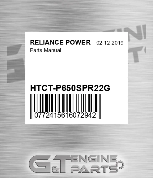 HTCT-P650SPR22G Parts Manual for RELIANCE POWER