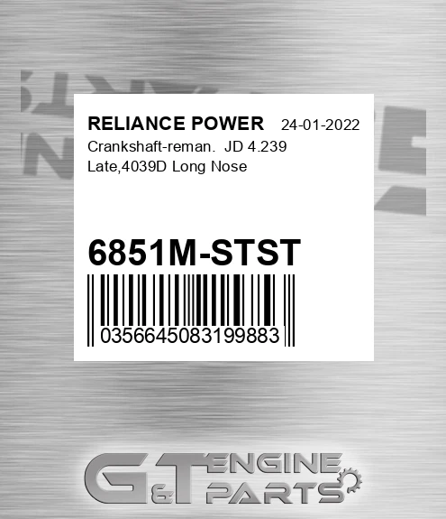 6851M-STST Crankshaft-reman. Jd 4.239 Late,4039d Long Nose