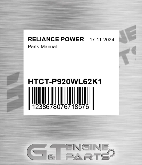 HTCT-P920WL62K1 Parts Manual for RELIANCE POWER