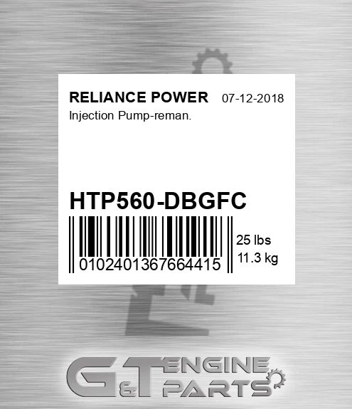 HTP560-DBGFC Injection Pump-reman. for RELIANCE POWER