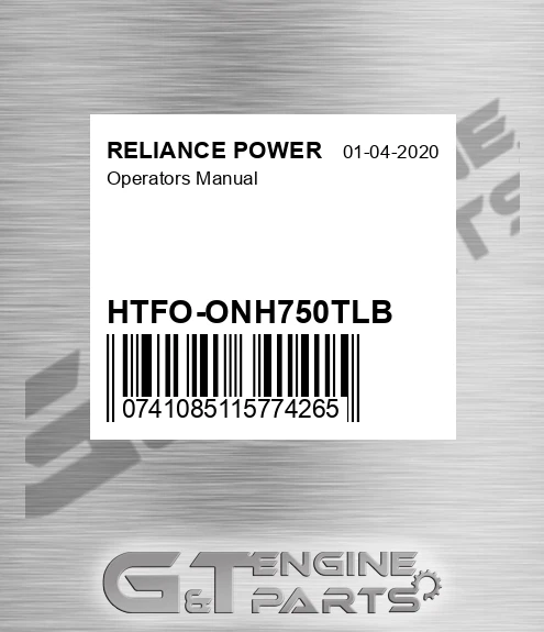 HTFO-ONH750TLB Operators Manual for RELIANCE POWER