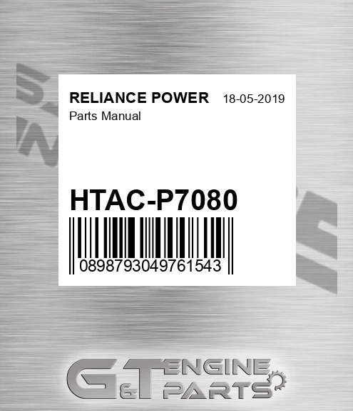 HTAC-P7080 Parts Manual for RELIANCE POWER