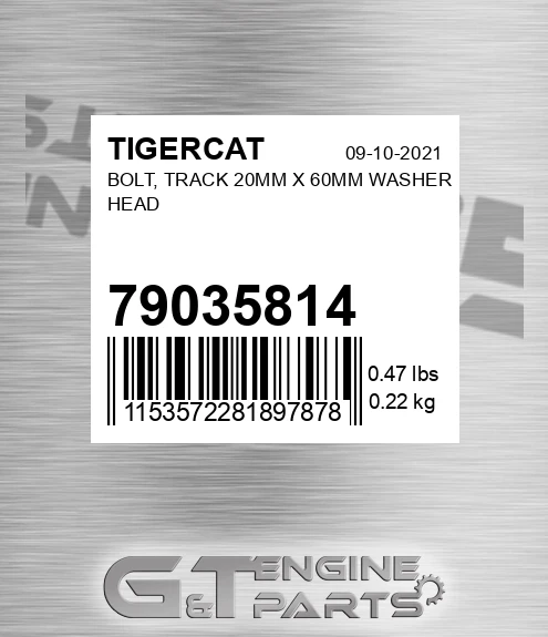 79035814 TIGERCAT Bolt, Track 20mm X 60mm Washer Head