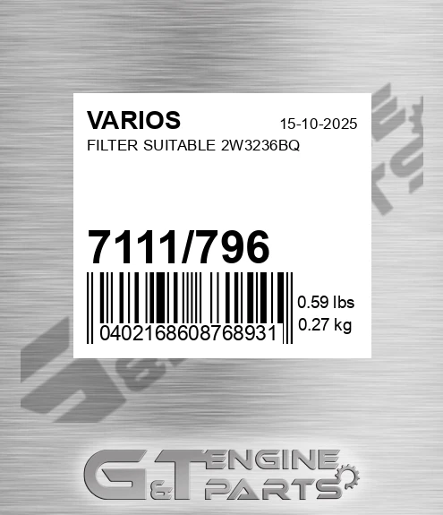 7111/796 Filter Suitable 2w3236bq for VARIOS