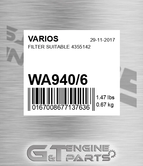 WA940/6 Filter Suitable 4355142