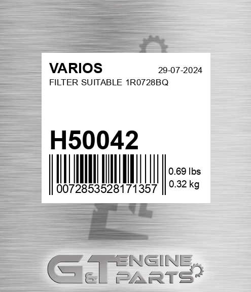 H50042 Filter Suitable 1r0728bq