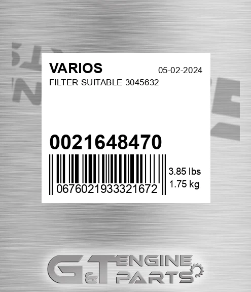 0021648470 Filter Suitable 3045632 for VARIOS