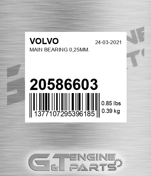 20586603 Main Bearing 0,25mm. for VOLVO
