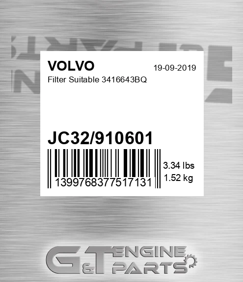 JC32/910601 Filter Suitable 3416643bq