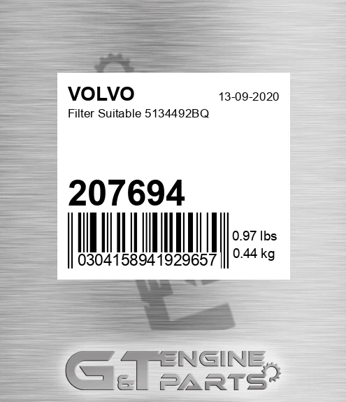 207694 VOLVO Filter Suitable 5134492bq