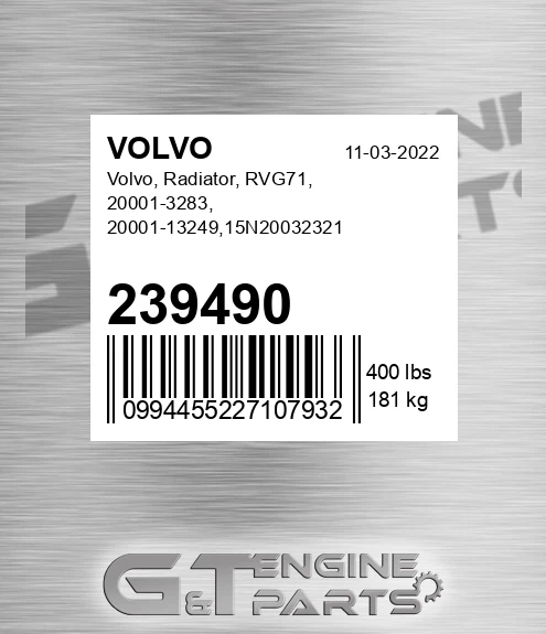 239490 VOLVO Volvo, Radiator, Rvg71, 20001-3283, 20001-13249,15n20032321